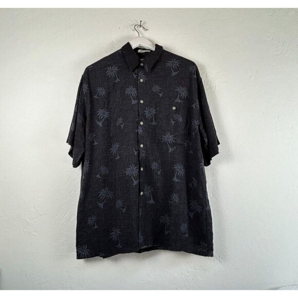 Pierre Cardin Mens Button Up Shirt Large Black Palm Trees Print Hawaiian Rayon - Picture 1 of 8